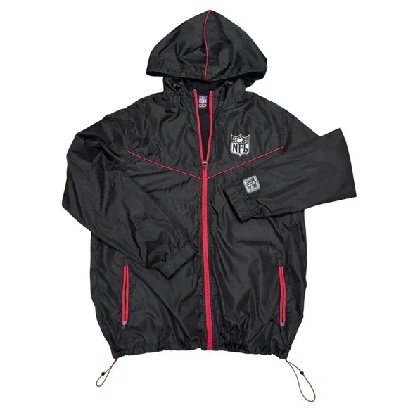 NFL‎ Windbreaker Jacket Mens Medium Black Red Full Zip Hooded Mesh Lined Logo