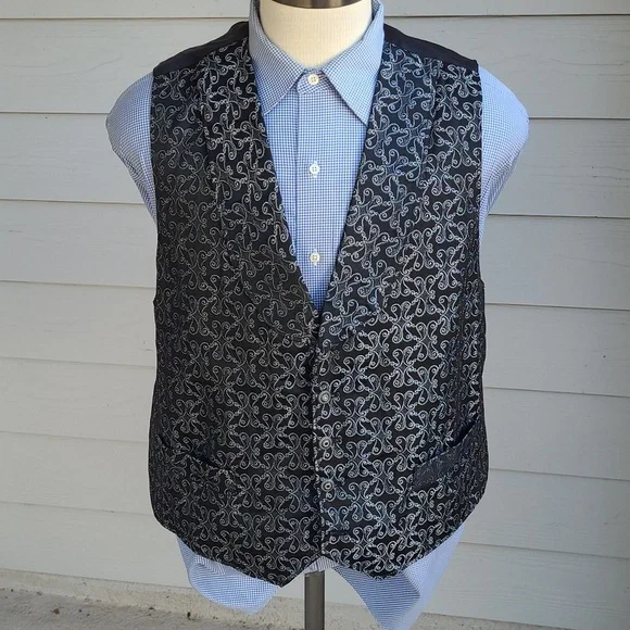 WAH MAKER Black Silver Abstract Cotton Blend Western USA Mens Full Button Vest L