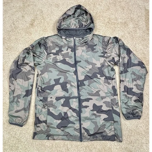 Columbia Reversible Jacket Mens Medium Camo Black Hooded Full Zip Windbreaker