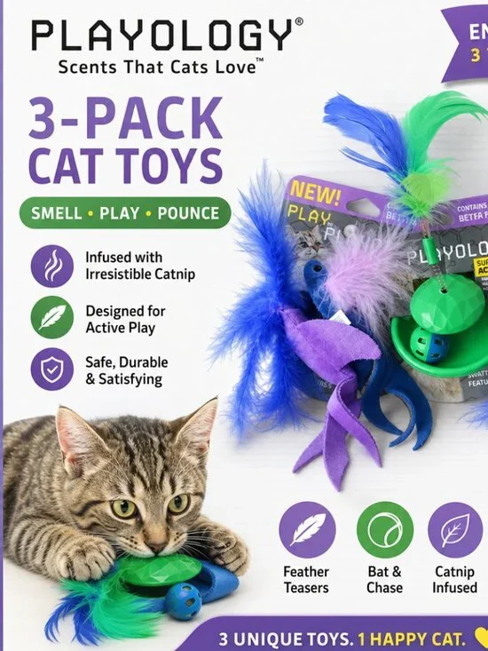 Playology Cat Toy Bundle (3‑Pack) – Catnip Betta Fish + Teeter Totter, New