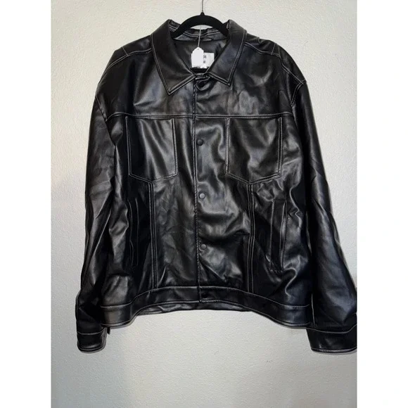 NWT Mode of One Men's XXL Black Faux Leather Trucker Jacket Snap Front Coat