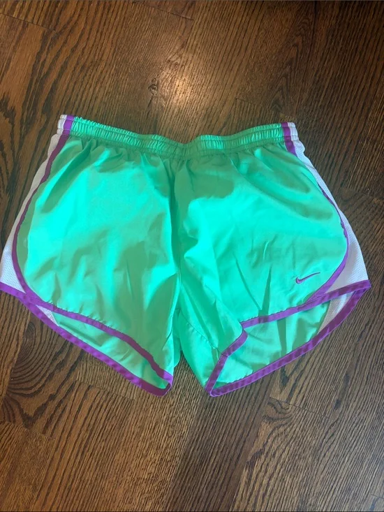 Nike Mint Green Girls' Athletic Shorts with Purple Trim