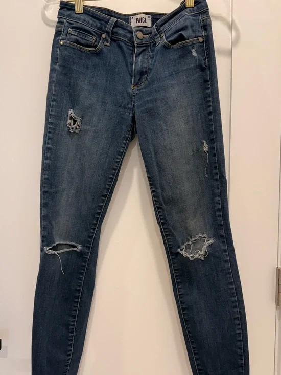 PAIGE Dark Wash Distressed Skinny Jeans