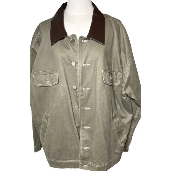 Vintage Barn Chore Jacket Cotton Twill Leather Collar Plaid Lined Moon & Sun‎ XL
