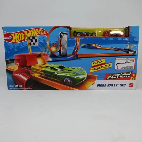 Hot Wheels Mega Rally Set 2019 Track Loop Launcher w/ 2 Cars New Box Damage