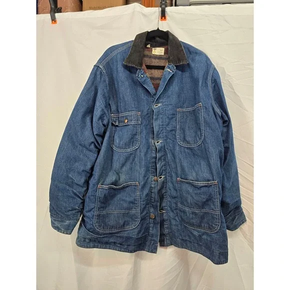 VINTAGE SEARS Denim‎ Work Jacket Mens XL Blanket Lined Corduroy Collar Blue Jean