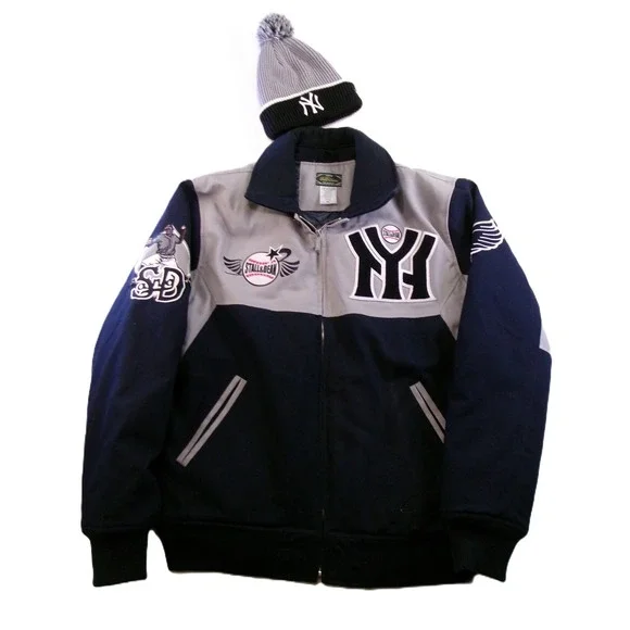 Stall & Dean Mens XL Varsity Jacket Black Yankees‎ Navy Grey New Era Beanie Set