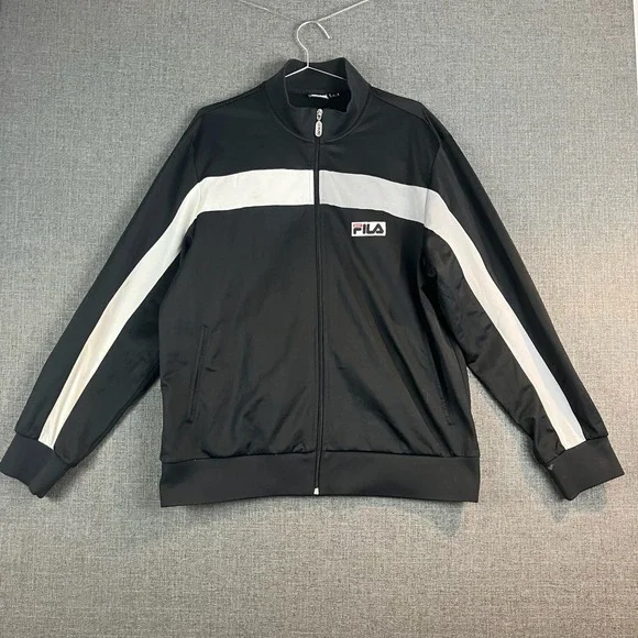 FILA Sport Track Jacket Black White Stripe Full Zip‎ Retro Athletic Mens Large