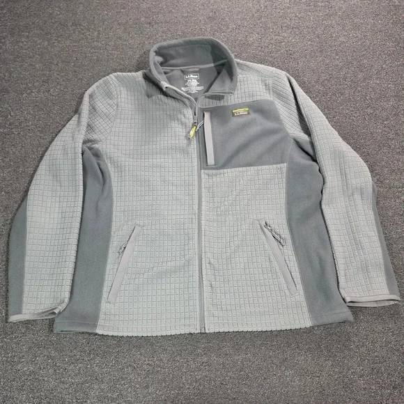 L.L.‎ Bean Fleece Jacket Mens XXL Gray Grid Tech Full Zip Sweater 508982 Hiking