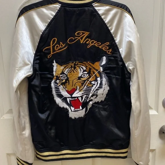 PACSUN Jacket Mens Small Black TIGER LOS ANGELES Satin Bomber Coat Embroidered