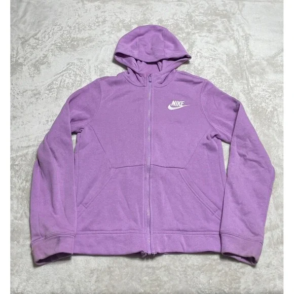 Nike Sportswear Club Hoodie Girls Large Purple Fleece Full Zip Logo Sweatshirt