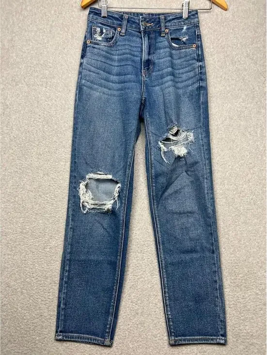 American Eagle Womens Mom Straight Jeans Size 0 Regular Distressed Denim Blue