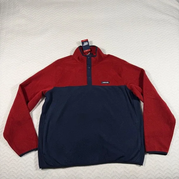 Lands End Mens Red Navy Colorblock Fleece Pullover Snap Neck Jacket‎ X Large NWT