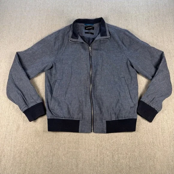 Bonobos Bomber Jacket Men M Gray Blue Linen Cotton Blend Zip Harrington