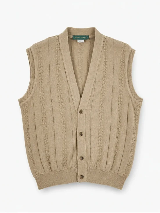 Vtg USA Made Egyptian Cotton Classic‎ Cable-Knit Button Vest in Beige