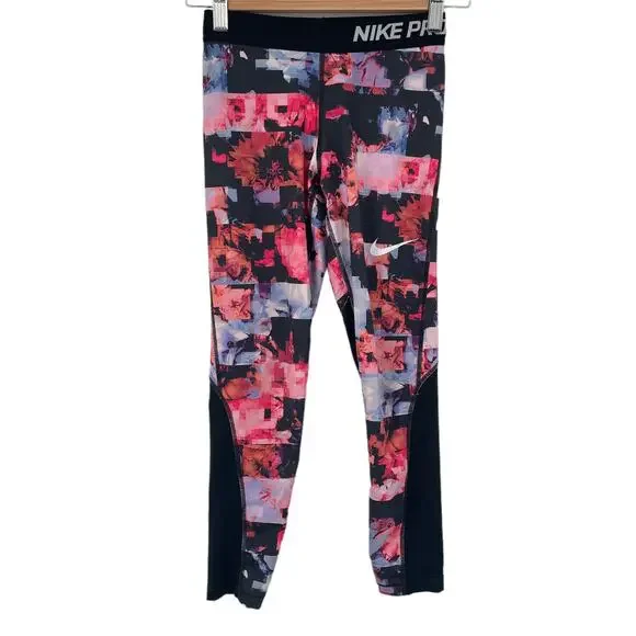Nike Pro Girls Floral Print Compression Tights‎ Hyper Crimson Size Medium