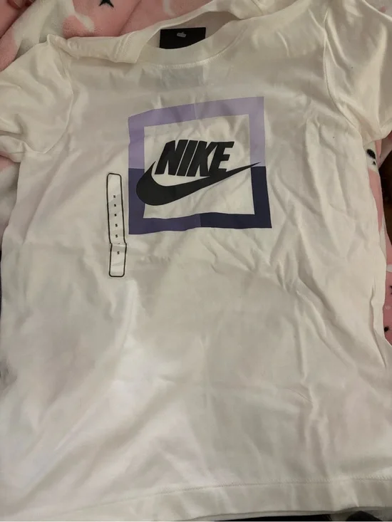 Nike White Tee with Black Swoosh and Purple Square