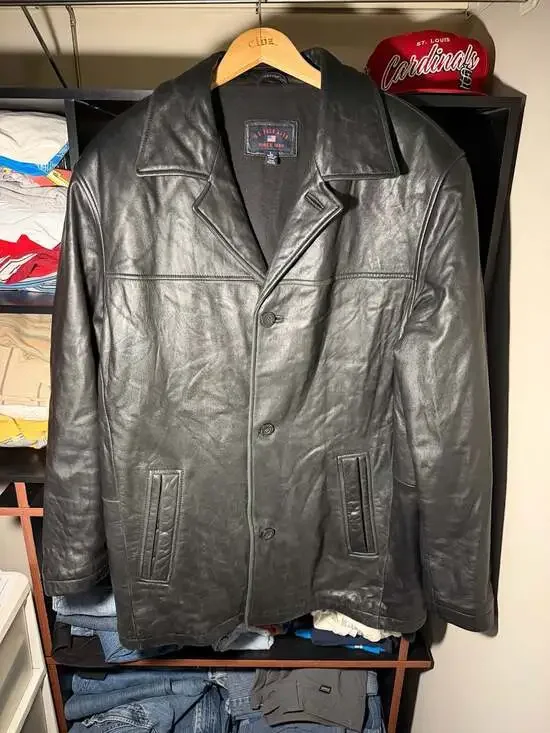 U.S. Polo Assn. Men's Black Genuine‎ Leather Button-Front Coat Jacket - Large