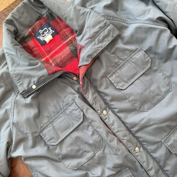 Vintage Woolrich Jacket Mens Large Gray‎ Insulated Parka Plaid Wool Lined USA