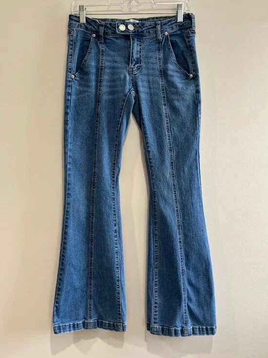Rue 21 Y2K Pintuck Flare Jeans Womens 8 Low Rise Medium Wash Stretch