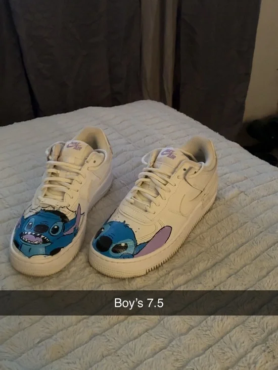 Nike White Sneakers with Blue & Purple Stitch Artwork