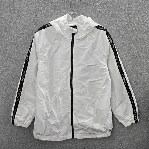 Spyder Men Jacket Large White Windbreaker Hooded‎ Logo Polyester Long Sleeve
