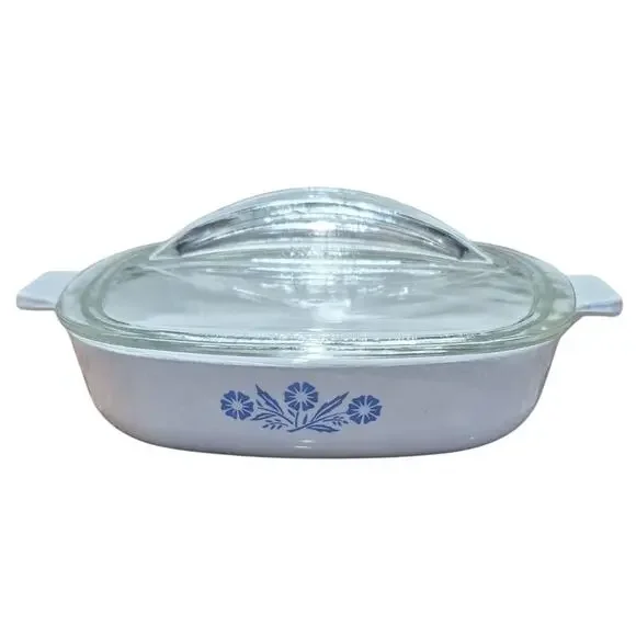 Corning Ware P-7-B White Baking Casserole with Blue Cornflower and Glass Lid