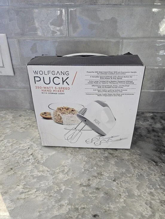 Wolfgang Puck Hand Mixer 250W 5-Speed Beaters & Dough Hooks White Storage Caddy