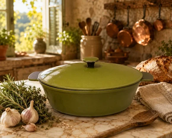 Vintage French Enameled Cast Iron Oval Dutch Oven Cocotte Olive Green France