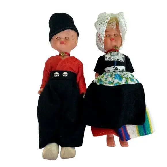 Vintage‎ Dutch Dolls Plastic With Sleeping Eyes Hand Carved Wooden Shoes 7.5