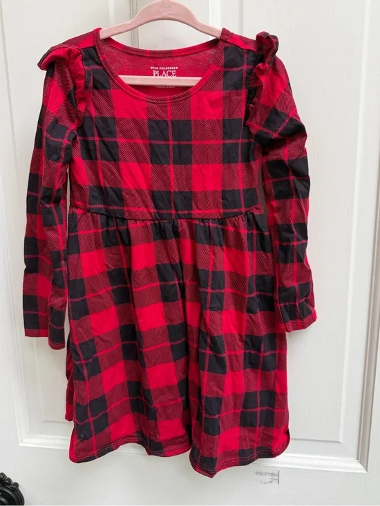 The Children's Place Girls Red Black Buffalo Plaid Long Sleeve Dress Christmas