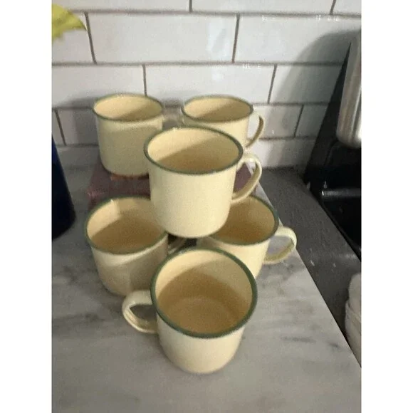 Vintage ENAMEL 6 Cups Yellow Green Rim Enamelware Metal Bon Voyage