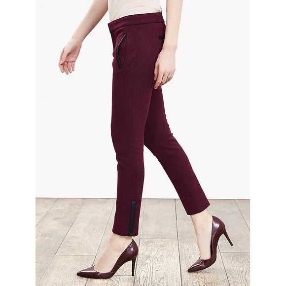 (B1) Banana Republic Sloan Burgundy Herringbone Faux Leather Trim Pant Womens 10