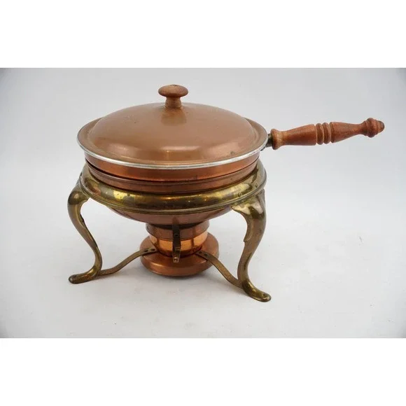 Vtg‎ Copper & Brass Skillet Chafing Warming Dish w/Stand, Lid, Sterno Holder
