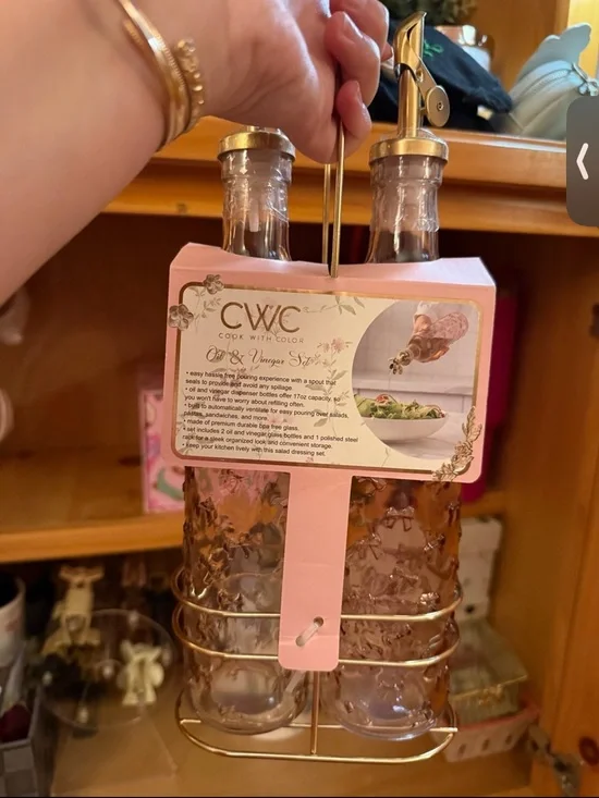 CWC Pink Glass Oil & Vinegar Set with Gold Rack