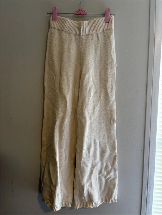 Cream Knit Wide-Leg Pants