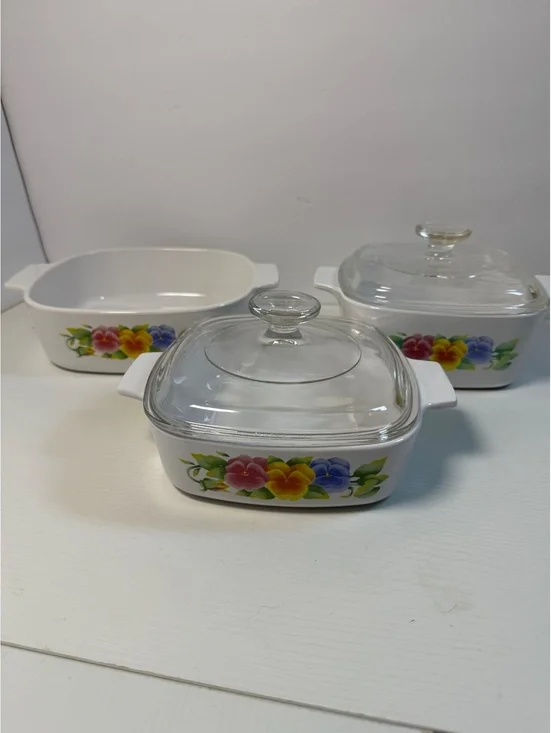3 Vintage Corning Ware Summer Blush 2L, 1.5L & 1L Casserole Dish Pansies w/lids