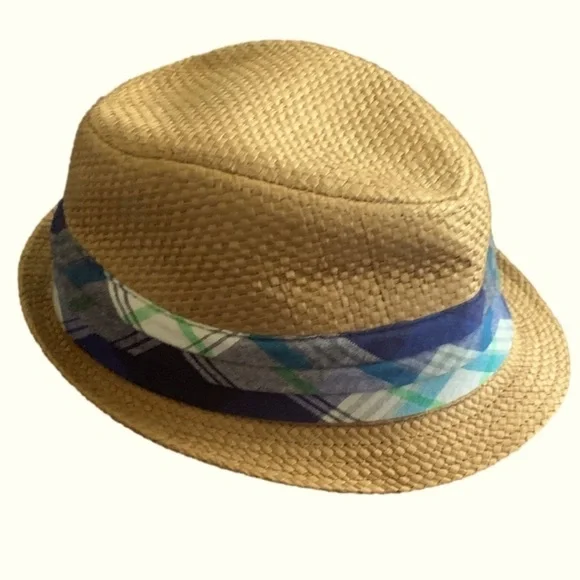 Children’s Place Straw Brown Fedora Hat with Blue Green Plaid Size 12-24 m/m