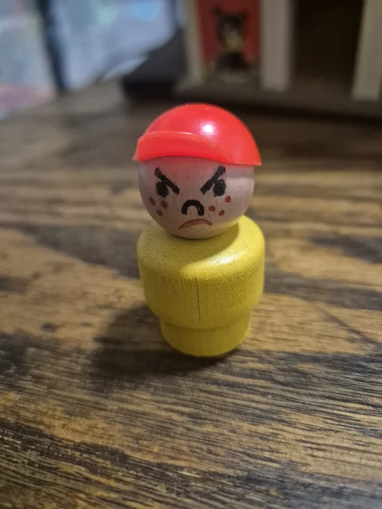 Vintage Fisher-Price Little People Angry Boy Wood Yellow Red Hat