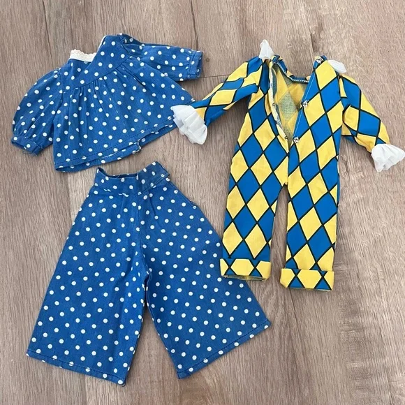 Vintage Doll Cotton Clothing - Two Piece Blue Outfit And One Jumpsuit 3‎ PCs