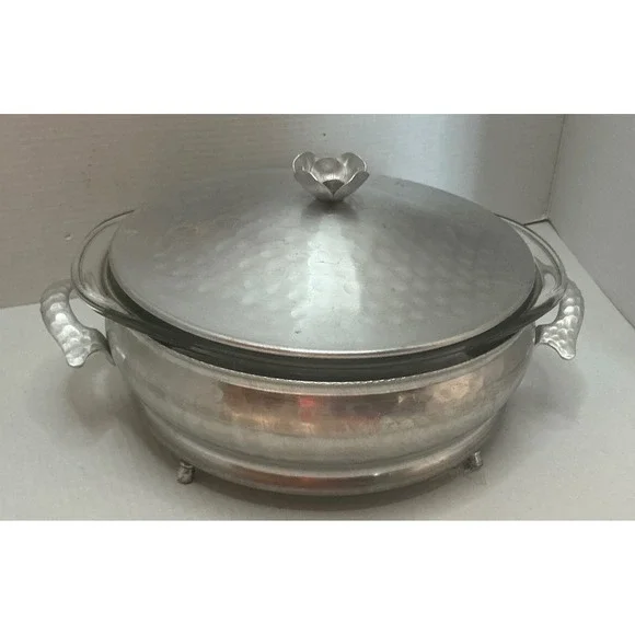 Vintage Hammered Aluminum Casserole Dish with Glass Insert Silver 9in