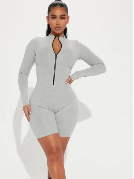 naked wardrobe Light Gray Zip-Front Long-Sleeve Romper