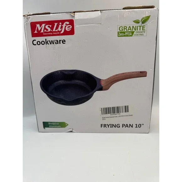 Ms.Life 10 Inch Nonstick Granite Frying Pan Induction Skillet Wood Handle Black