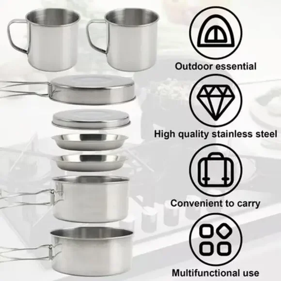 8-Piece Stainless Steel Camping Cookware Set – Lightweight & Compact Pots Pans