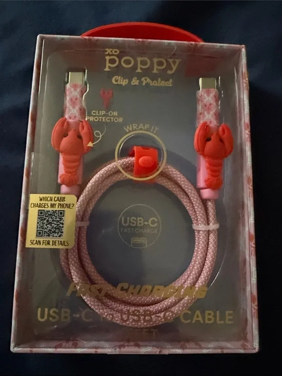 Poppy USB-C Lobster Fast Charging Cable with Clip Protectors - Pink