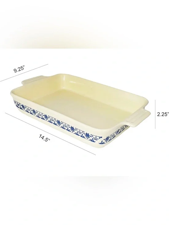 Blue Floral Ceramic Rectangular Baking Dish with Handles