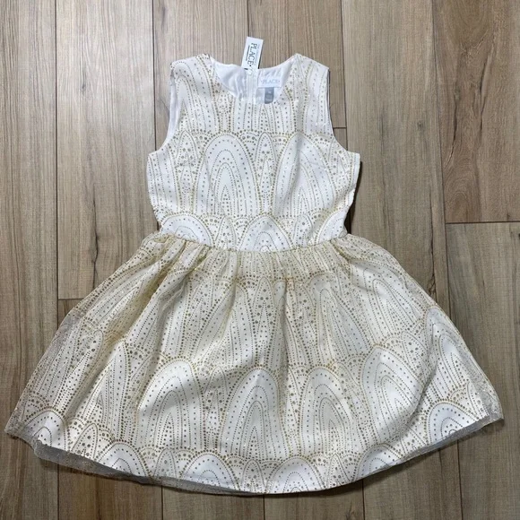 The Childrens Place Girls Glitter Fit And Flare Holiday Dress Size 16 Cream Gold