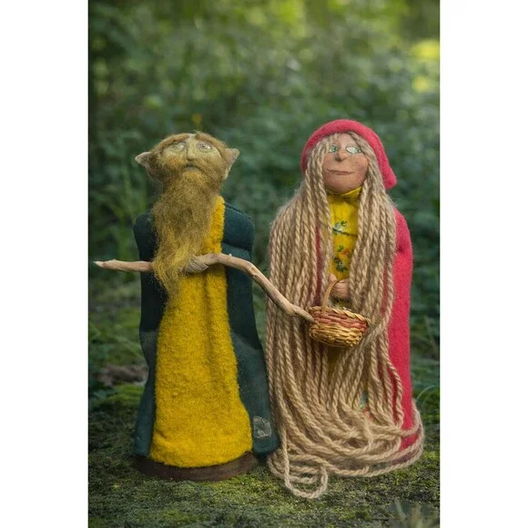 Vintage Wee Peeple Style Art Dolls OOAK Handmade Folk Wizard Woman Set