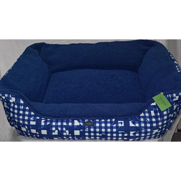 Kate Spade Navy Daisy Gingham Dog Bed Plush Cozy Pet Bed New 28x22x10
