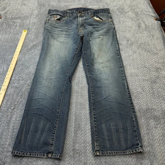 TM Exposure Jeans Mens 38x29 Blue Denim Y2K Fleur De Lis‎ Streetwear Rivets